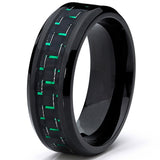 Men's Black Titanium Wedding Band Ring with Black and Green Carbon Fiber inlay, Comfort fit 8mm, Sizes 7 to 13