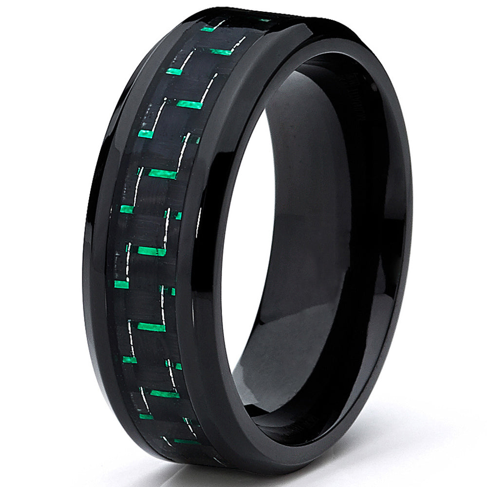 Men's Black Titanium Wedding Band Ring with Black and Green Carbon Fiber inlay, Comfort fit 8mm, Sizes 7 to 13
