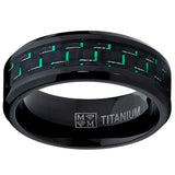 Men's Black Titanium Wedding Band Ring with Black and Green Carbon Fiber inlay, Comfort fit 8mm, Sizes 7 to 13