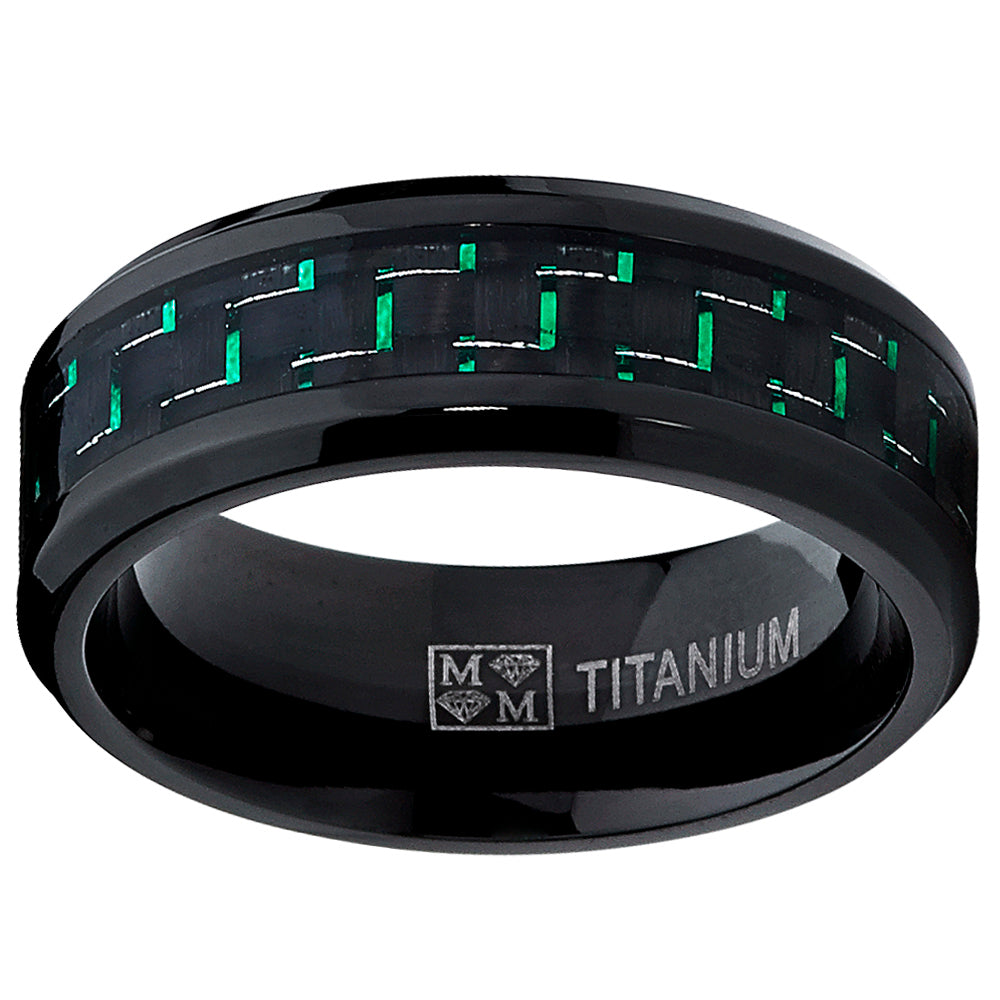 Men's Black Titanium Wedding Band Ring with Black and Green Carbon Fiber inlay, Comfort fit 8mm, Sizes 7 to 13