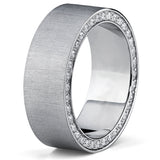 Titanium Men's Brushed Wedding Band Ring with Cubic Zirconia, Two Row Pave Set Eternity Ring