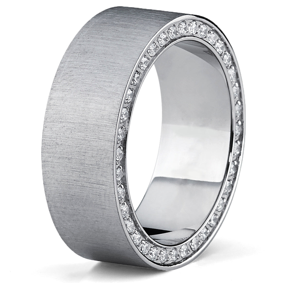 Titanium Men's Brushed Wedding Band Ring with Cubic Zirconia, Two Row Pave Set Eternity Ring
