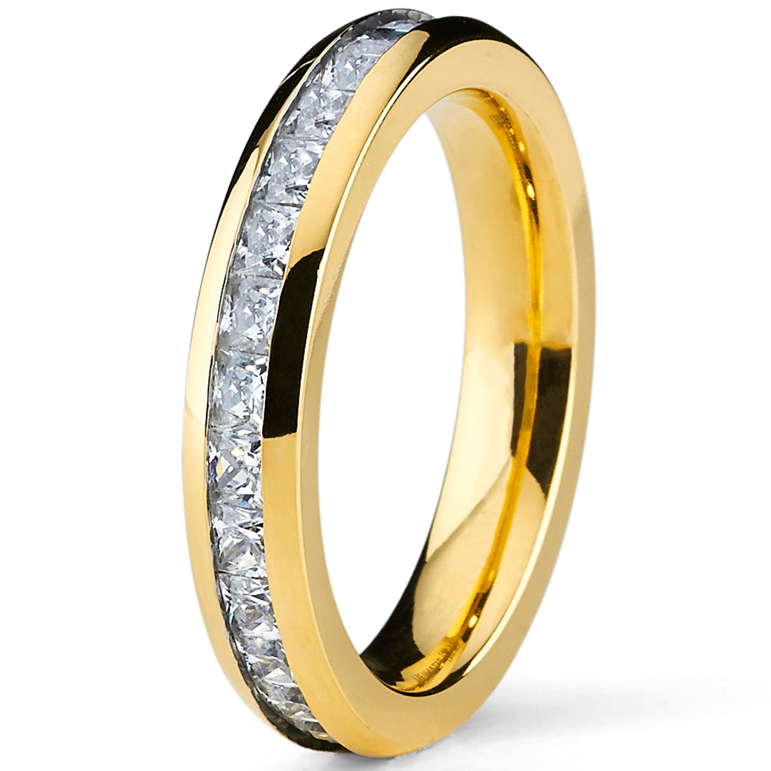 4MM Goldtone Plated Princess Cut women's Eternity Titanium Ring Wedding Band with Cubic Zirconia CZ
