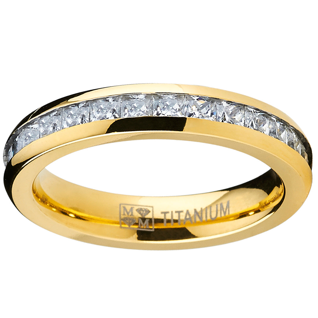 4MM Goldtone Plated Princess Cut women's Eternity Titanium Ring Wedding Band with Cubic Zirconia CZ