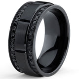 9MM Men's Black Titanium Wedding Band Ring with Double Row Black Cubic Zirconia, Comfort Fit