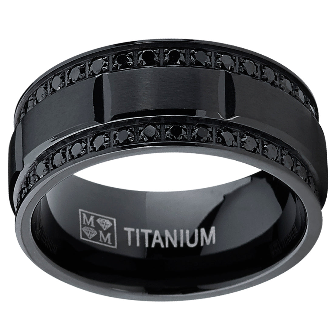9MM Men's Black Titanium Wedding Band Ring with Double Row Black Cubic Zirconia, Comfort Fit
