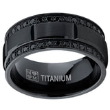 9MM Men's Black Titanium Wedding Band Ring with Double Row Black Cubic Zirconia, Comfort Fit