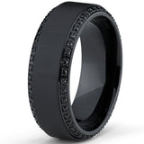 Black Titanium Men's  Brushed Wedding Band Ring W/ Black Cubic Zirconia, Two Row Eternity Ring