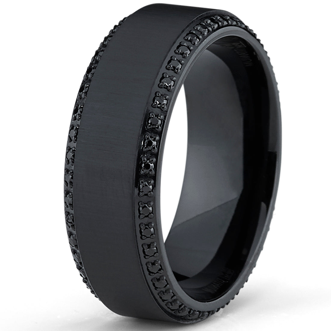 Black Titanium Men's  Brushed Wedding Band Ring W/ Black Cubic Zirconia, Two Row Eternity Ring