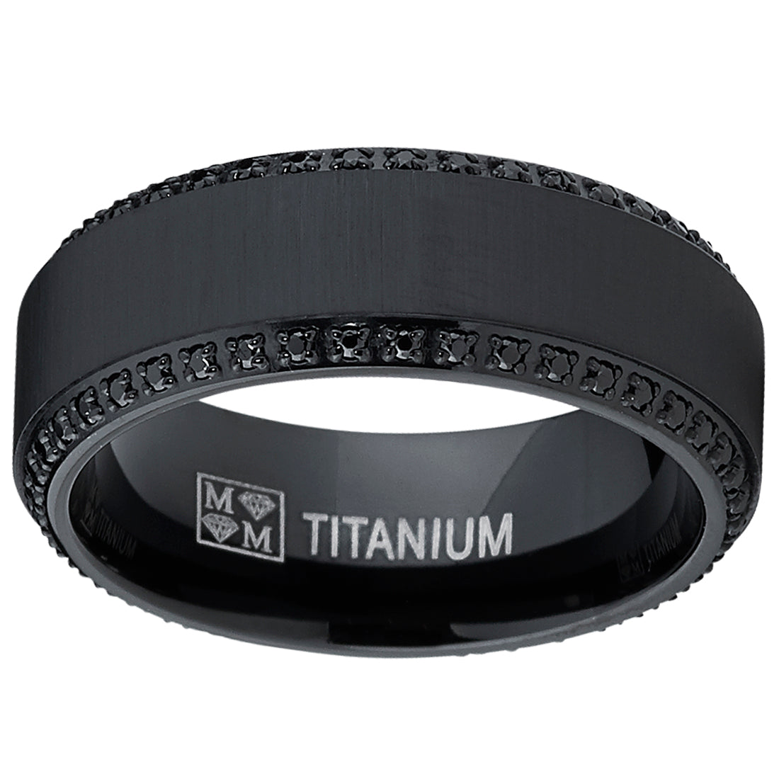 Black Titanium Men's  Brushed Wedding Band Ring W/ Black Cubic Zirconia, Two Row Eternity Ring