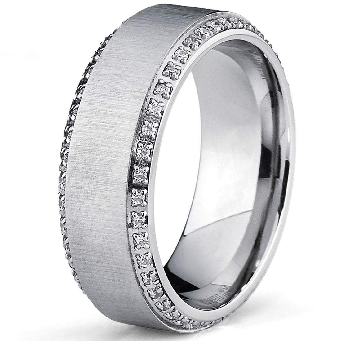 Titanium Men's  Brushed Wedding Band Ring with Cubic Zirconia, Two Row Eternity Ring, 8mm