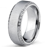Titanium Men's  Brushed Wedding Band Ring with Cubic Zirconia, Two Row Eternity Ring, 8mm