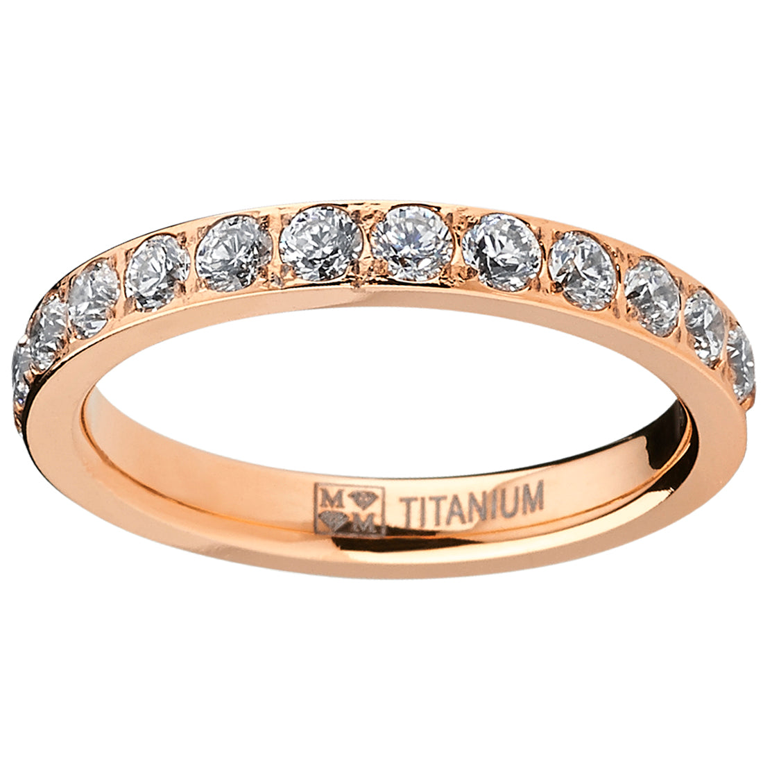3MM Women's Rose Plated Titanium Eternity Ring Wedding Band with Pave Set Cubic Zirconia