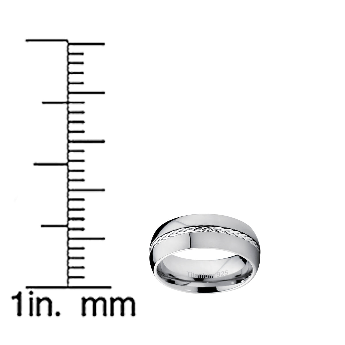 8MM Dome Titanium Men's Ring Band with Braided Silver Inlay, Comfort Fit, High Polish
