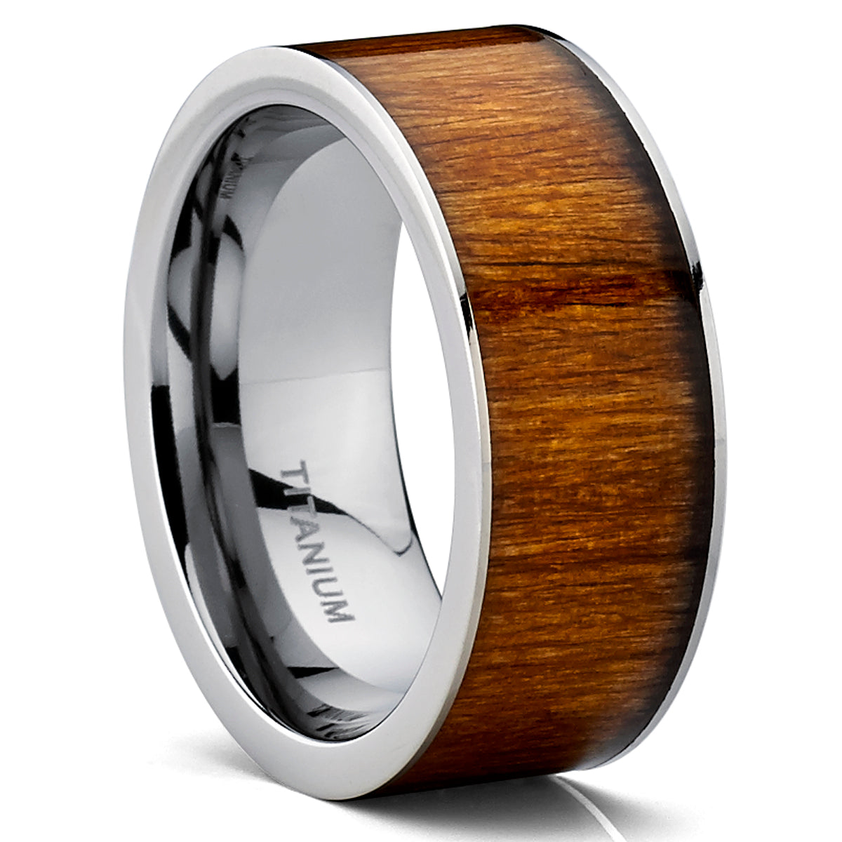 Men's Flat Top Titanium Wedding Ring Band With Hawaiian Koa Wood Inlay, Comfort Fit 9 MM