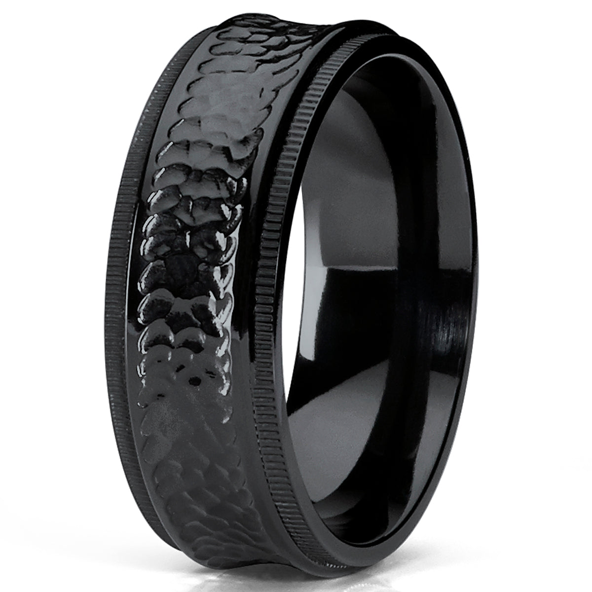 8MM Black Hammered Titanium Wedding Band Ring with Milgrain Edges, Comfort Fit