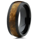 Men's Dome Black Titanium Wedding Band Ring with Real Marble Brown Wood Inlay, Comfort Fit 8mm