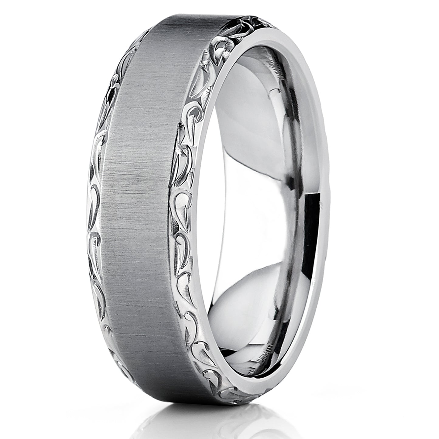 Men's Horizontal Brushed Titanium Wedding Band Ring With Hand Engraved High Polish Edges, 7mm Comfort Fit