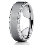 Men's Horizontal Brushed Titanium Wedding Band Ring With Hand Engraved High Polish Edges, 7mm Comfort Fit