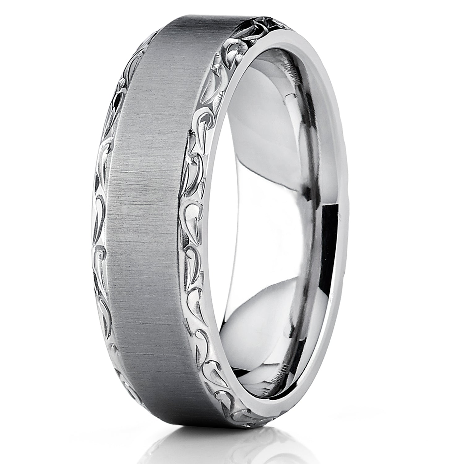 Men's Horizontal Brushed Titanium Wedding Band Ring With Hand Engraved High Polish Edges, 7mm Comfort Fit