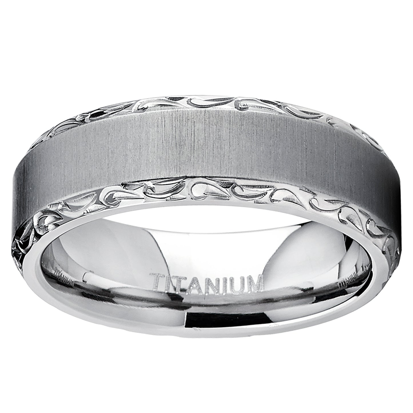 Men's Horizontal Brushed Titanium Wedding Band Ring With Hand Engraved High Polish Edges, 7mm Comfort Fit