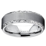 Men's Horizontal Brushed Titanium Wedding Band Ring With Hand Engraved High Polish Edges, 7mm Comfort Fit