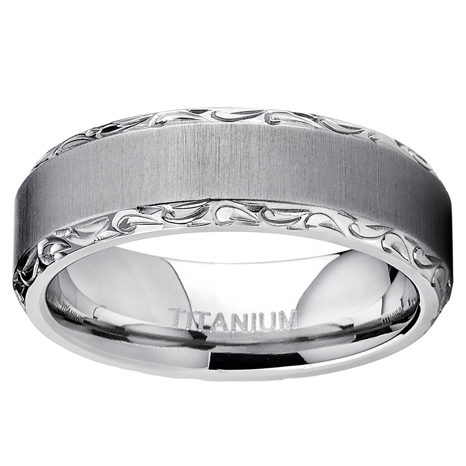 Men's Horizontal Brushed Titanium Wedding Band Ring With Hand Engraved High Polish Edges, 7mm Comfort Fit