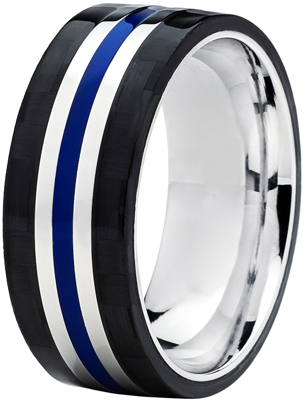 Men's 9MM Titanium Wedding Band Ring With Wide Black Carbon Fiber and Blue Resin Inlay Center, Comfort Fit