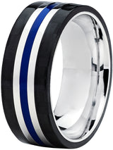 Men's 9MM Titanium Wedding Band Ring With Wide Black Carbon Fiber and Blue Resin Inlay Center, Comfort Fit