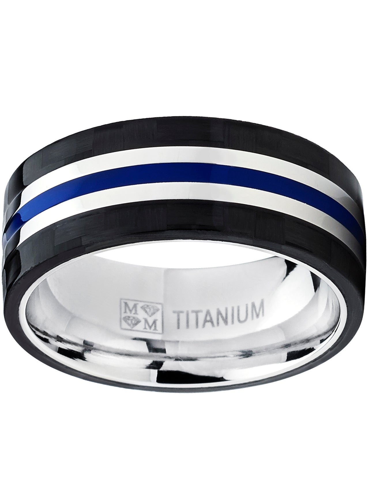 Men's 9MM Titanium Wedding Band Ring With Wide Black Carbon Fiber and Blue Resin Inlay Center, Comfort Fit