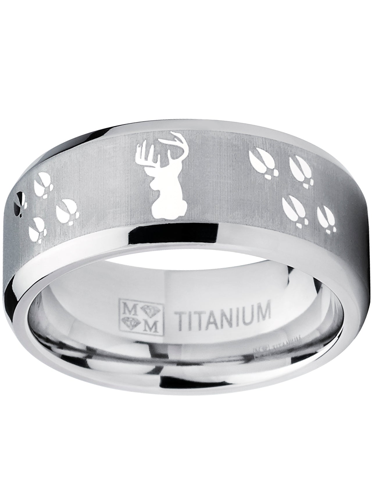 9MM Sating Finish / High Polish Deer Track Titanium Ring Wedding Band, Outdoor Jewelry, Men's Hunting Ring