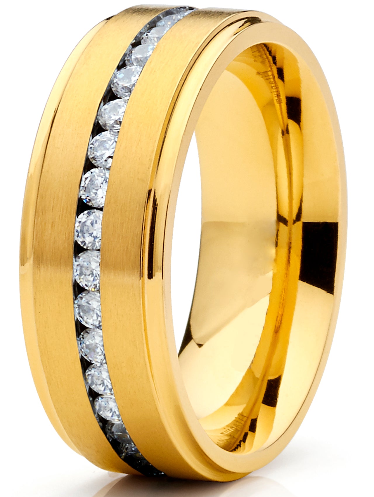 1.5 Ct. Titanium Men's Eternity Goldtone Wedding Band Ring Cubic Zirconia CZ 8MM