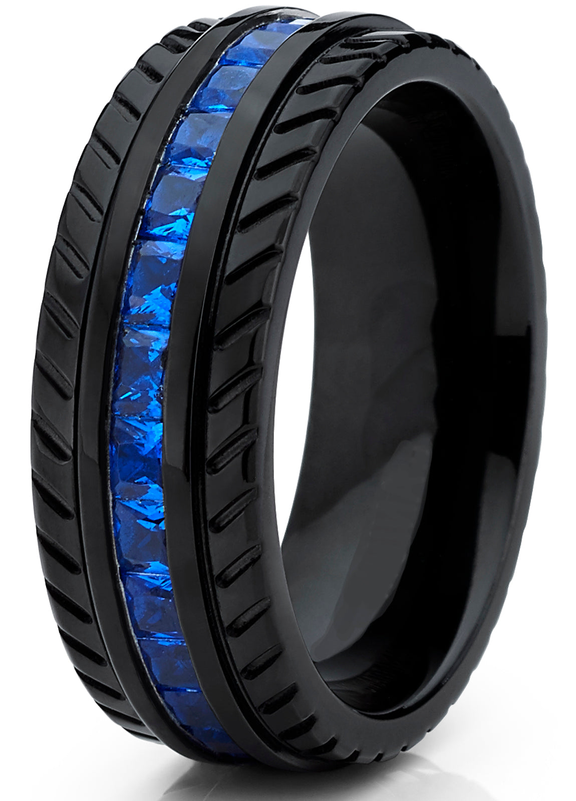 Men's Black Titanium Wedding Band, Engagement Eternity ring  W/ Princess Cut Deep Blue Cubic Zirconia CZ