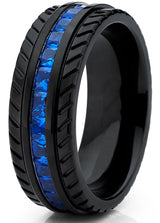 Men's Black Titanium Wedding Band, Engagement Eternity ring  W/ Princess Cut Deep Blue Cubic Zirconia CZ