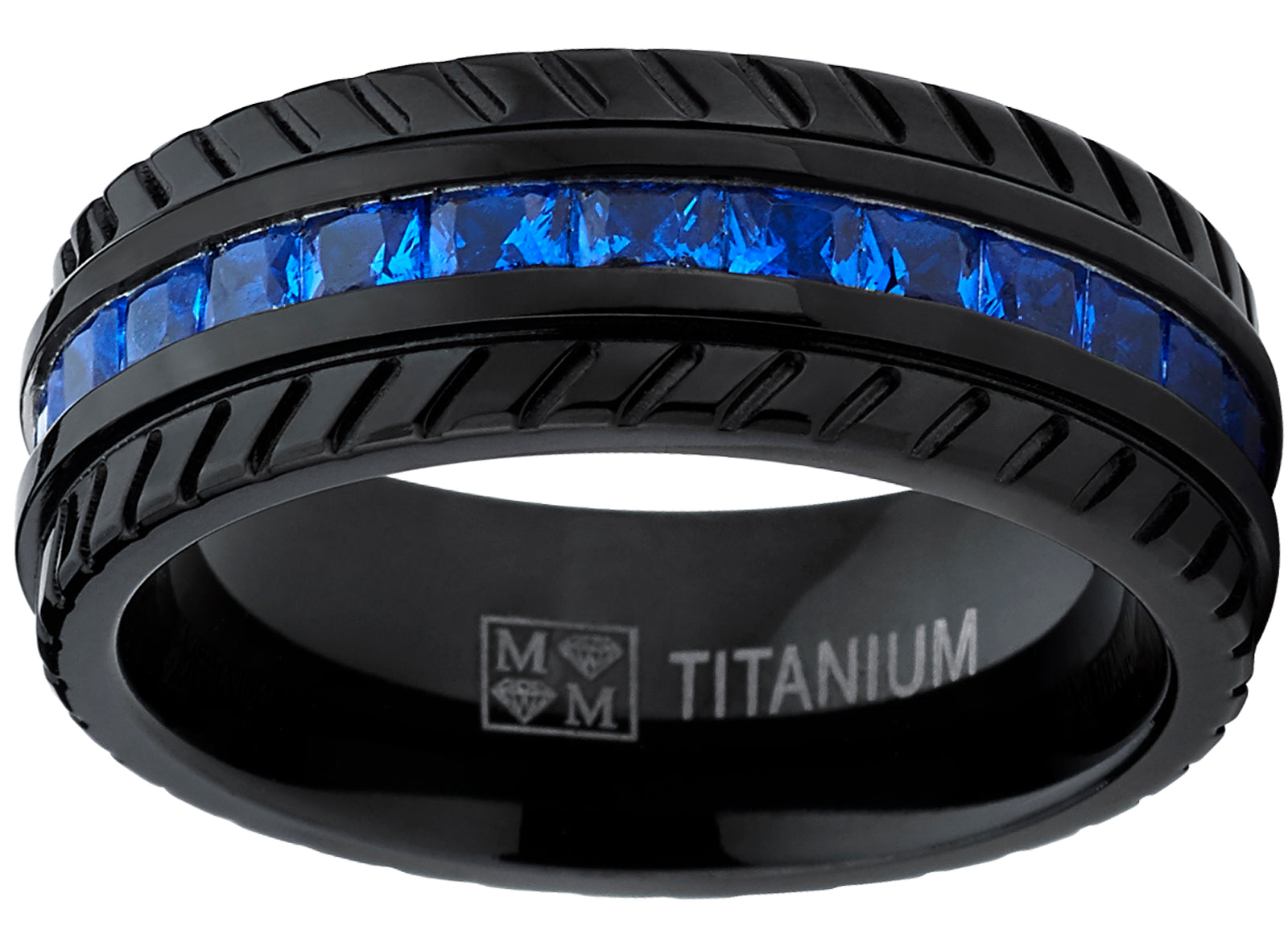 Men's Black Titanium Wedding Band, Engagement Eternity ring  W/ Princess Cut Deep Blue Cubic Zirconia CZ