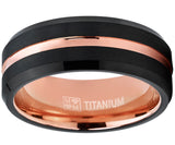 Rose Tone / Black Brushed Titanium Ring Wedding Band, Engagement Ring, Grooved, Beveled Edge Ring 7-13