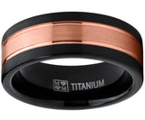 Titanium Ring Wedding Band, Rose Tone Black Brushed Engagement Ring, Grooved, Comfort Fit 7-13