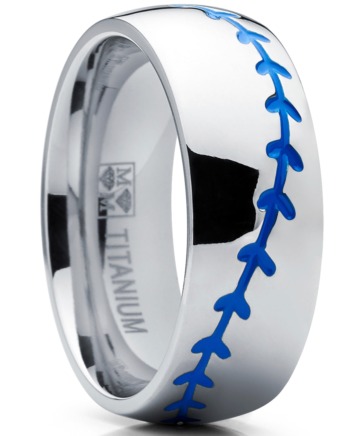 Men's Baseball Titanium Ring Red Stitching Dome Comfort-Fit 8MM