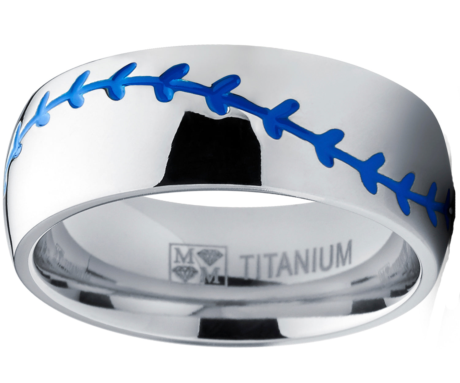 Men's Baseball Titanium Ring Red Stitching Dome Comfort-Fit 8MM