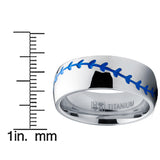 Titanium Sports Baseball Ring Wedding Band with Blue Stitching, Comfort Fit, Dome High Polish Finish 8mm Sizes 8 to 13