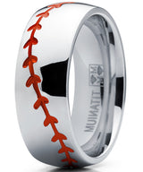 Men's Baseball Titanium Ring Red Stitching Dome Comfort-Fit 8MM