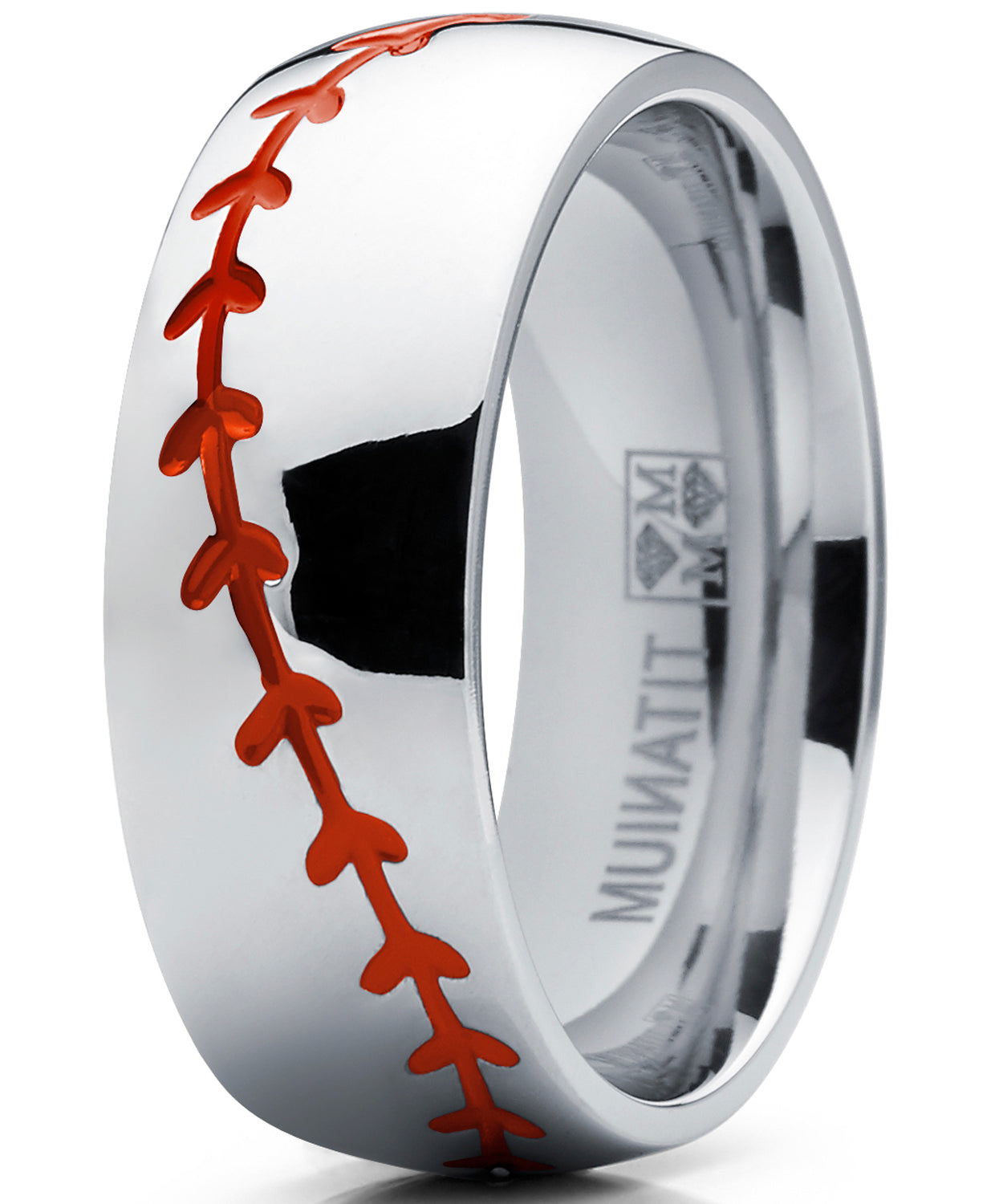 Men's Baseball Titanium Ring Red Stitching Dome Comfort-Fit 8MM