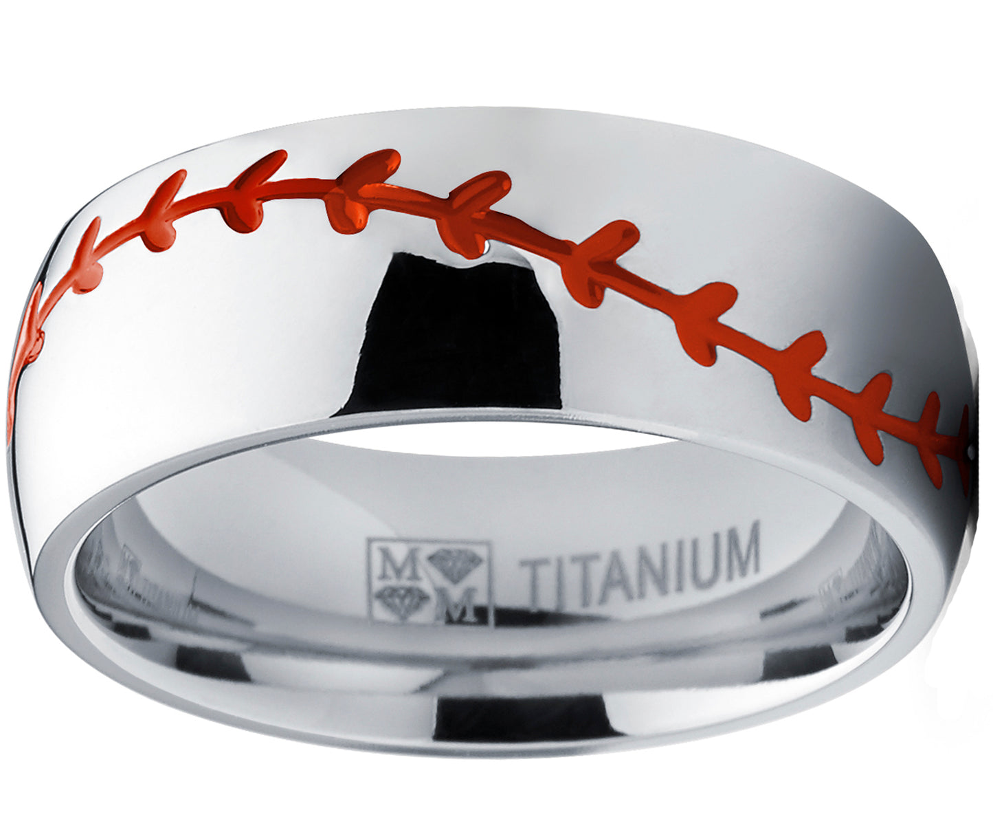 Men's Baseball Titanium Ring Red Stitching Dome Comfort-Fit 8MM