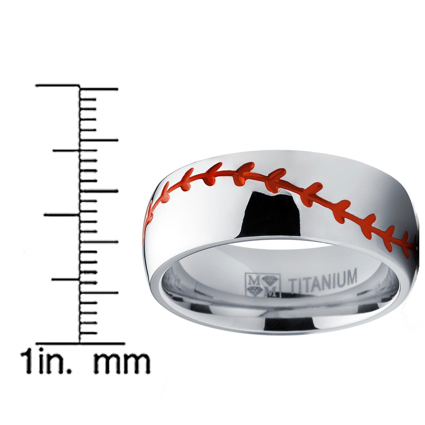 Men's Baseball Titanium Ring Red Stitching Dome Comfort-Fit 8MM
