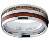 Men's Dome Titanium Ring Wedding Band with Real Deer Antler and Koa Wood Inlay, Outdoor Hunting, Comfort Fit