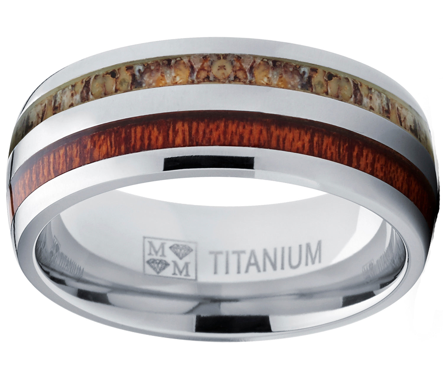 Men's Dome Titanium Ring Wedding Band with Real Deer Antler and Koa Wood Inlay, Outdoor Hunting, Comfort Fit