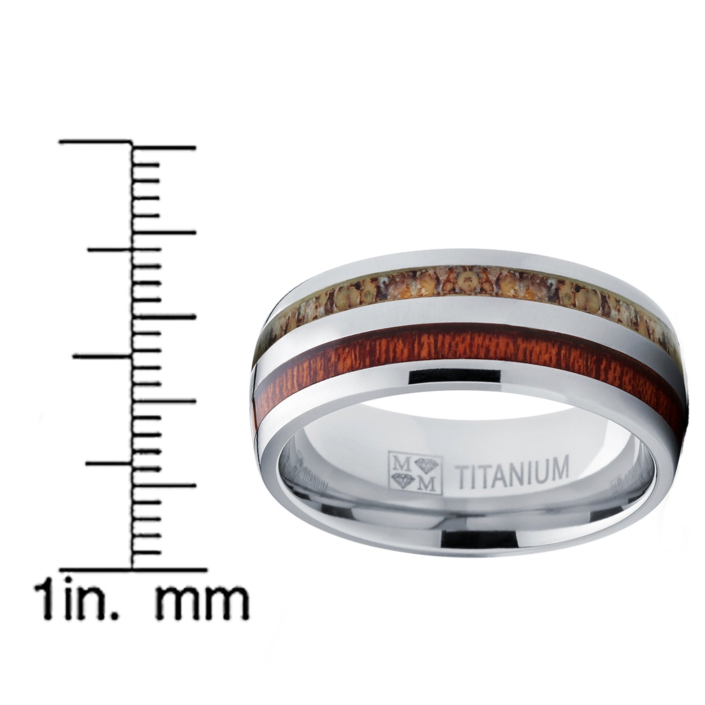 Men's Dome Titanium Ring Wedding Band with Real Deer Antler and Koa Wood Inlay, Outdoor Hunting, Comfort Fit