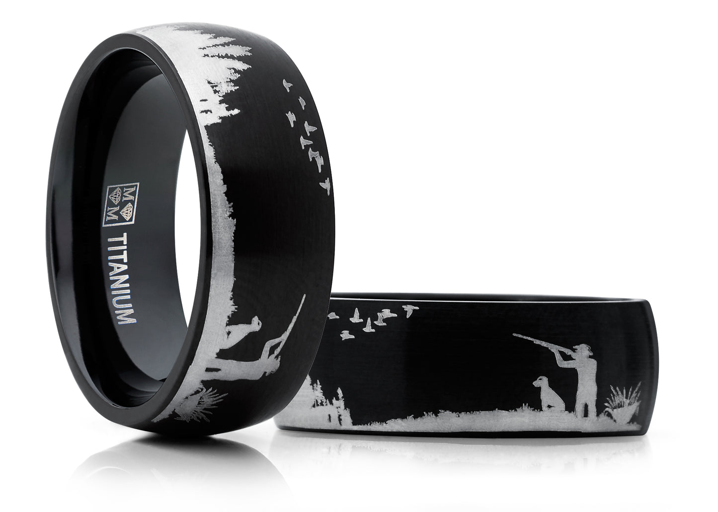 Men's Black Titanium Ring Wedding Band with Laser Etched Bird Duck Hunting Outdoor Ring, Comfort Fit 8mm