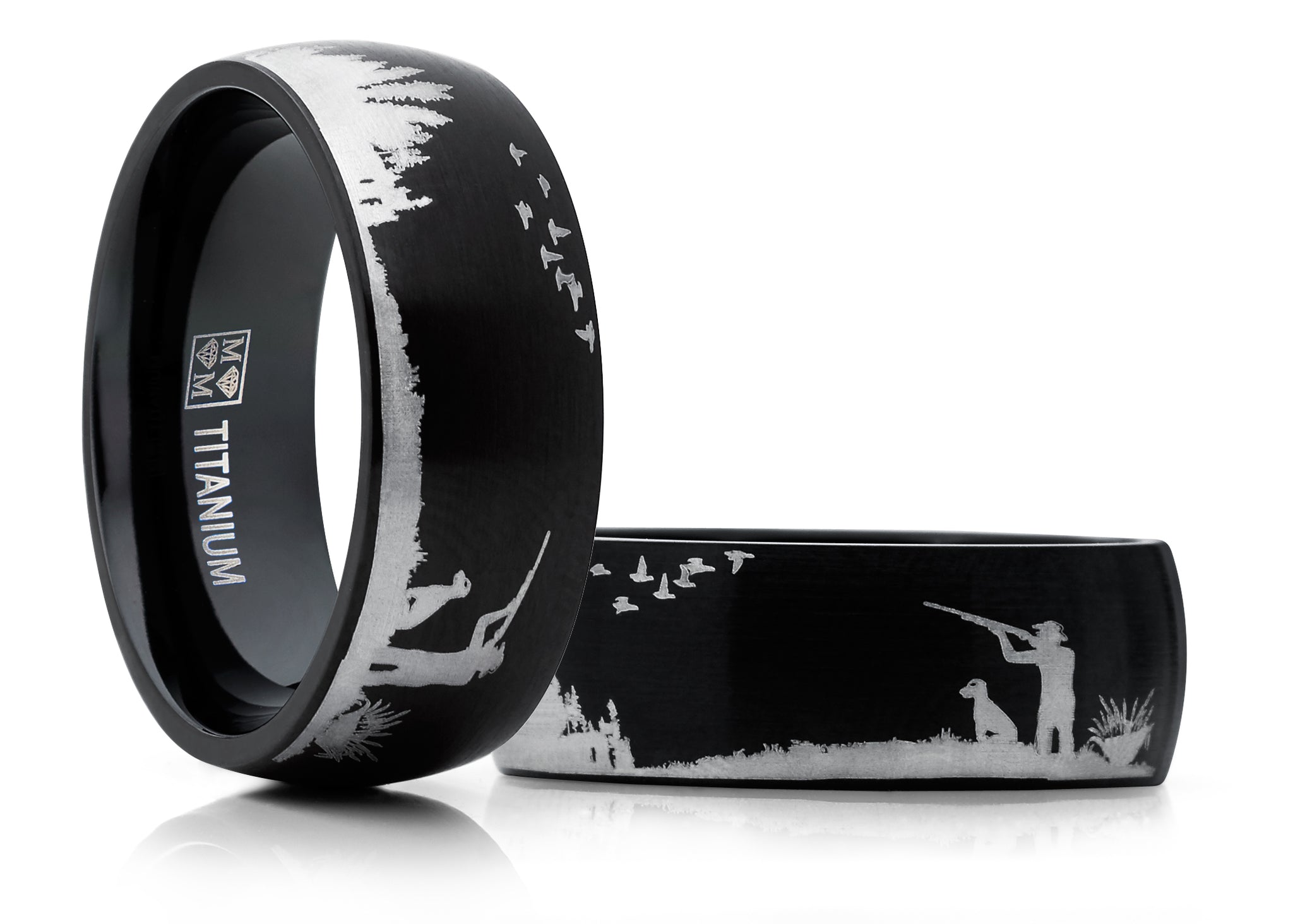 Men's Black Titanium Ring Wedding Band with Laser Etched Bird Duck Hunting Outdoor Ring, Comfort Fit 8mm