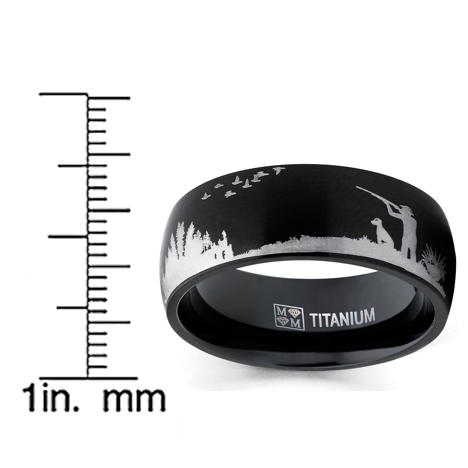 Men's Black Titanium Ring Wedding Band with Laser Etched Bird Duck Hunting Outdoor Ring, Comfort Fit 8mm